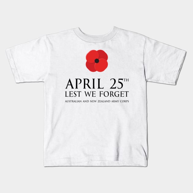 Anzac day remembrance day 25th April Australian and New Zealand Army Corps with poppy flower - lest we forget black1 Kids T-Shirt by FOGSJ